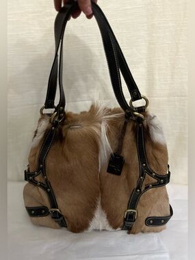 Diane Gail Vintage African Springbok Antelope Fur Bag w/ Leather Harness Trim